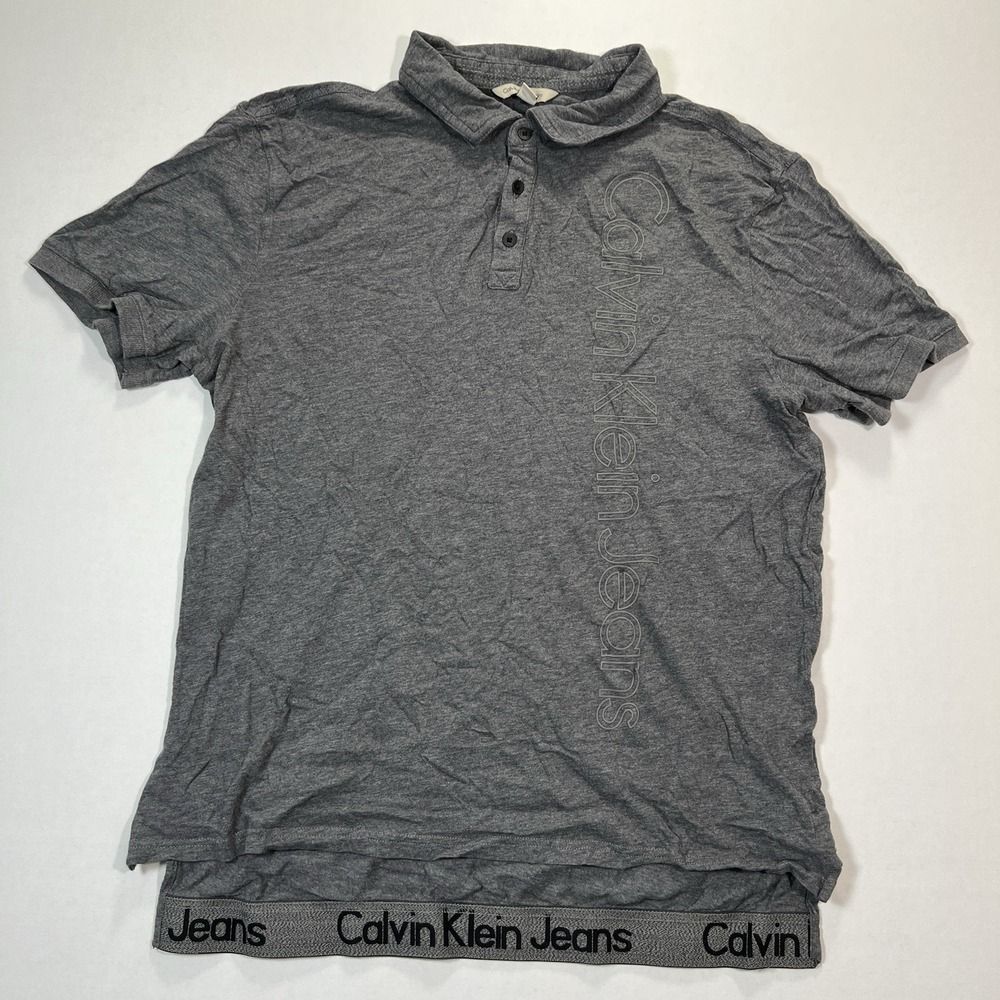 Calvin Klein Polo Shirt Mens Large Gray Short Sleeve Spell Out Logo Casual
